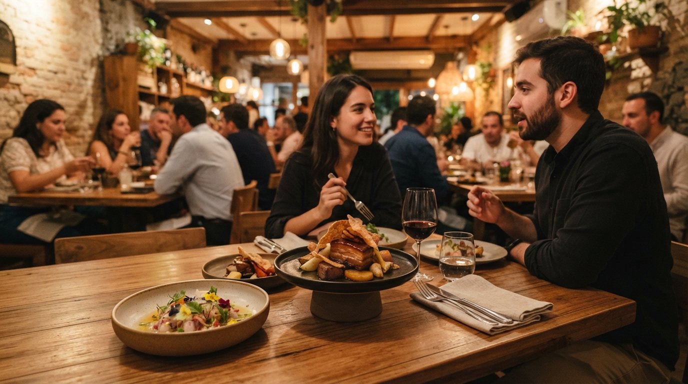 Matsalen på El Chato på Calle 65, moderna colombianska provningsmenyrätter på ett polerat bord, varmt kvällsljus och ett tyst fullsatt rum