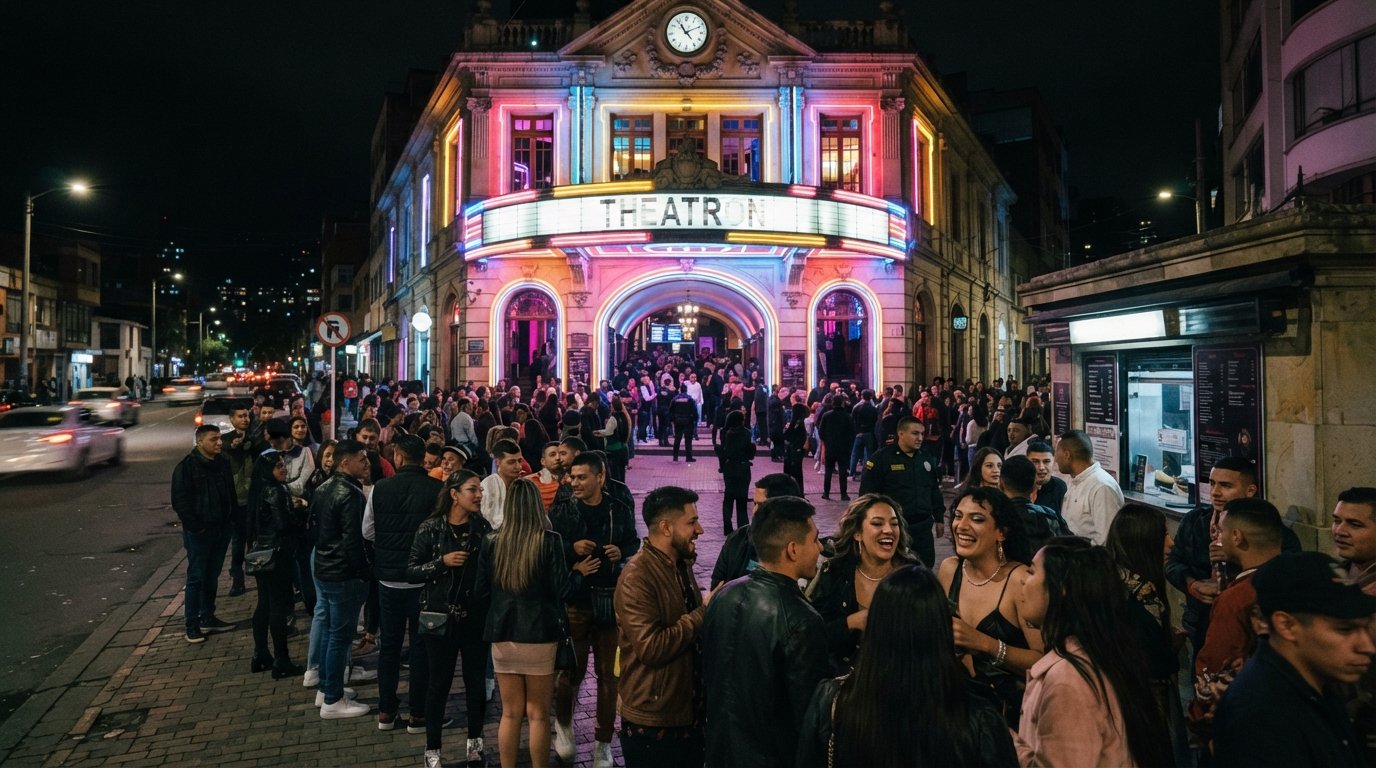 Theatrons entré på Calle 58 på natten, neonglöd och folkmassa som samlas utanför den före detta teatern inför lördagens dragshow