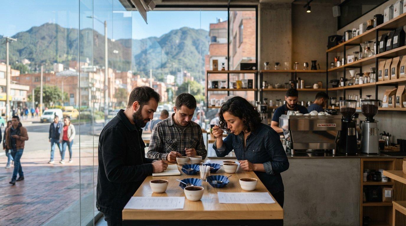 Amor Perfectos glasväggade Café Lab i Chapinero Alto, provningsbord, espressoutrustning och dagsljus som reflekteras genom rutorna