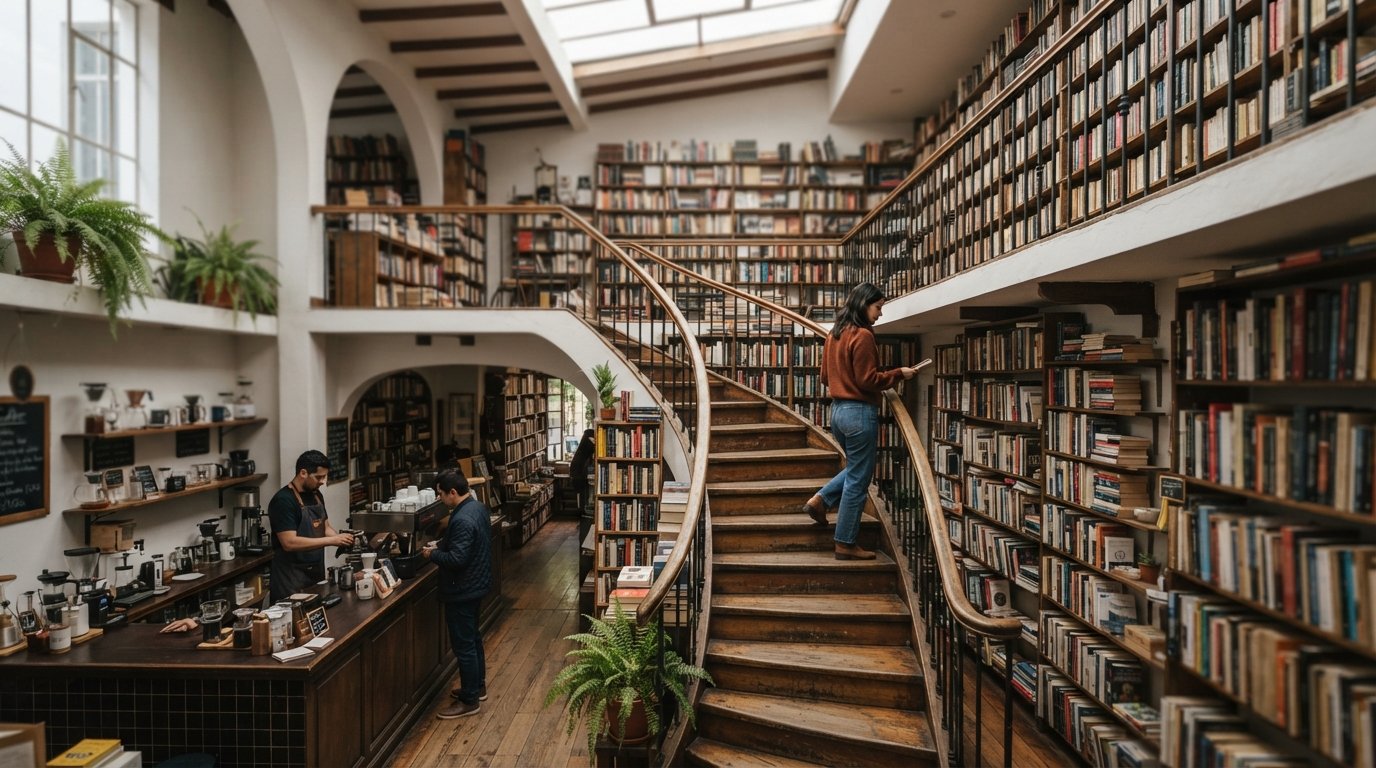 Inuti Librería Wilborada 1047, tre våningar med böcker i ett bevarat hus från 1943 med Café Cultors disk synlig på bottenvåningen