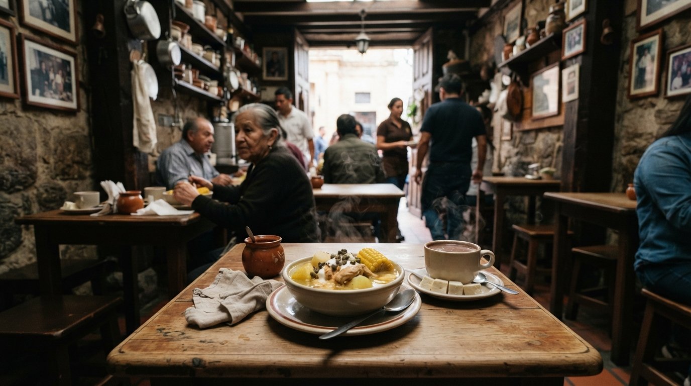 the cramped interior of La Puerta Falsa near the cathedral, a steaming bowl of ajiaco santafereño and a cup of chocolate completo with cheese on a small table