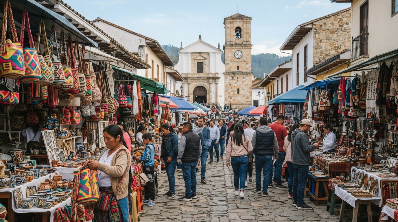 Sunday morning at the Mercado de las Pulgas de Usaquen on Carrera 6A, stalls of mochilas, ceramics and antiques under soft daylight, with the colonial church visible beyond the crowd