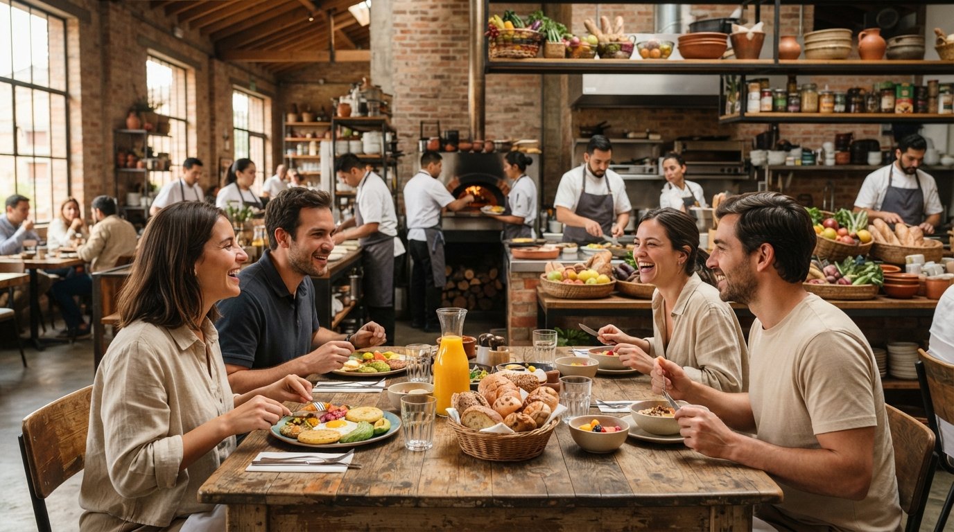 Inside Abasto, an open kitchen in a former grain depot with baskets of house-baked bread, fresh juices and a weekend brunch table set in warm morning light
