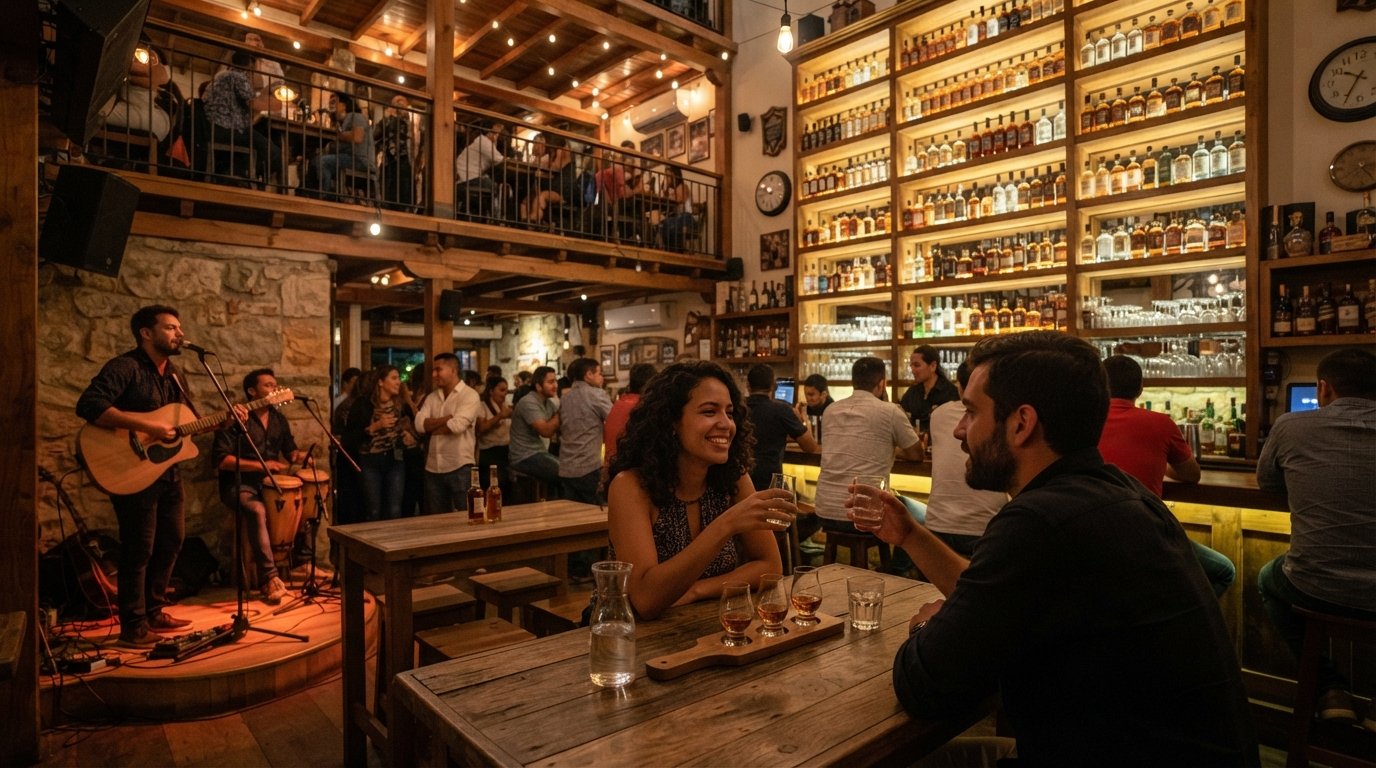 Interior of Pedro Mandinga Rum Bar, a three-storey rum house with backlit bottles, tasting flights on the table and live music in a warm evening setting