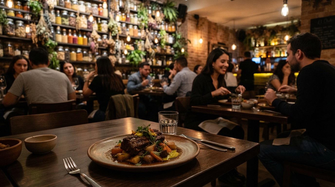 the downstairs dining room at El Chato on Calle 65 #4-76, dim tables, spice wall and a contemporary Colombian plate in the foreground