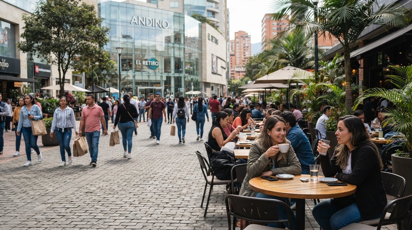 the cobbled pedestrian T at Calle 82 and Carrera 12A in Zona T, with terrace tables, glass-fronted mall facades and late-morning light