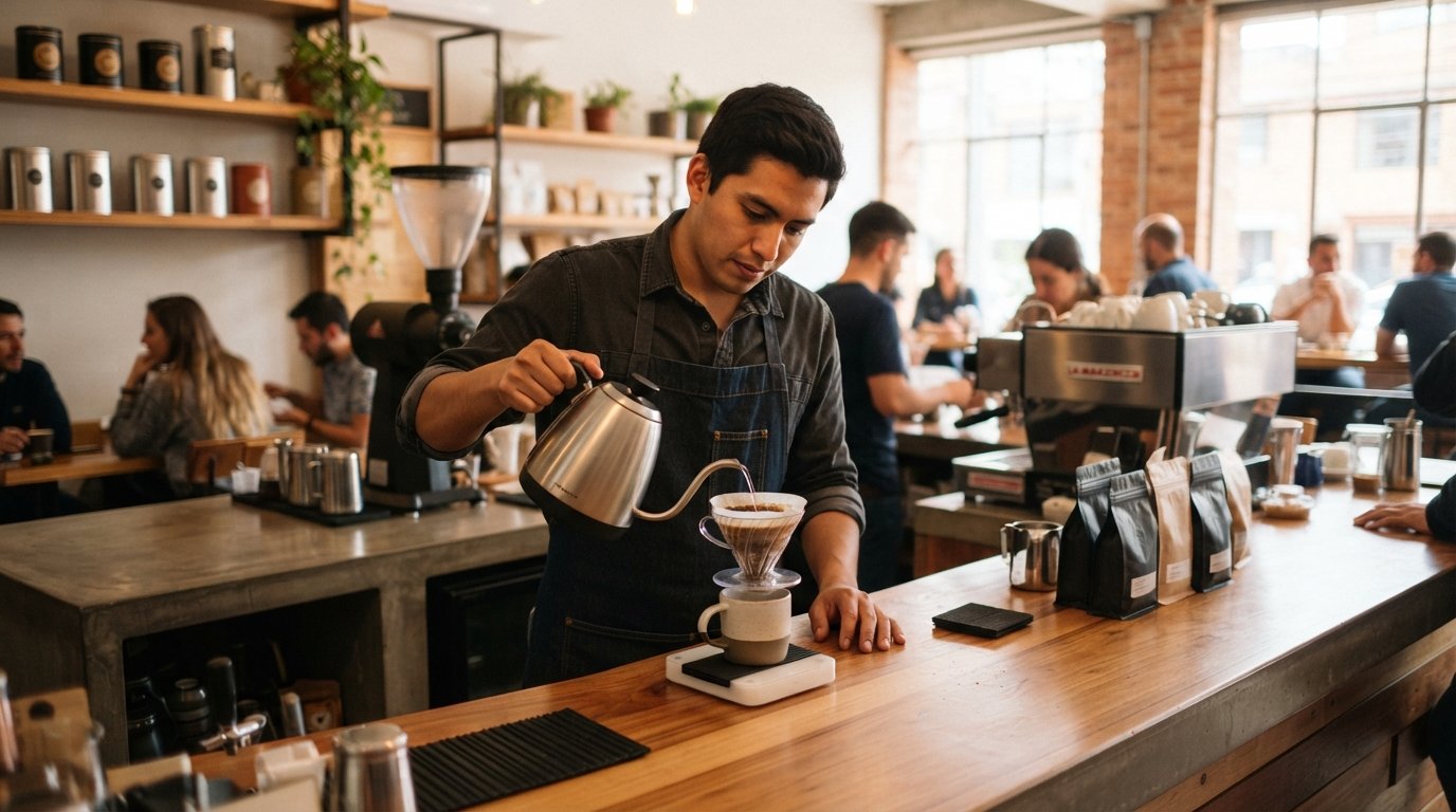 a barista preparing a single-origin pour-over at Libertario Coffee Roasters, sleek counter, gooseneck kettle and polished specialty-coffee room