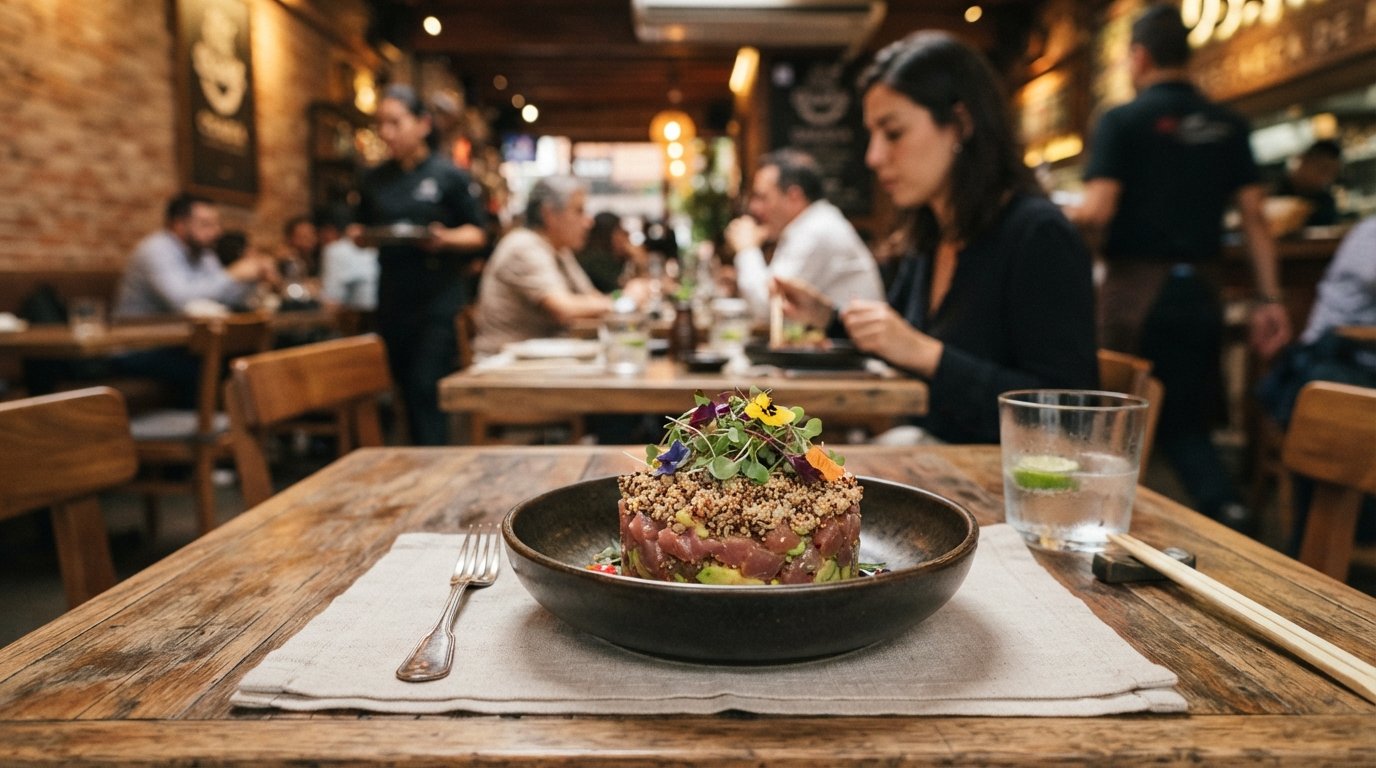a plated tuna tartare with crispy quinoa at Osaka, elegant Nikkei presentation under warm restaurant lighting