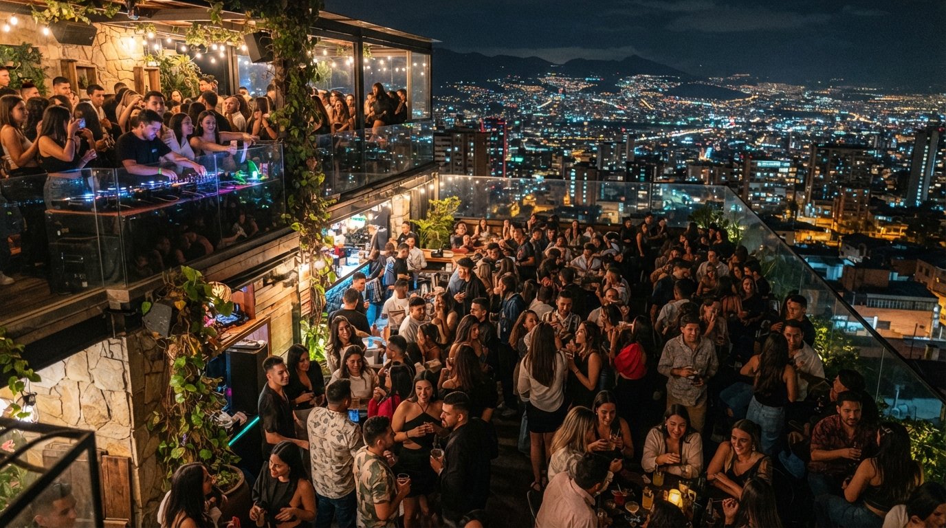 the multi-level interior of Federal Rooftop on Calle 84A, DJ booth, crowded terrace and city lights after dark