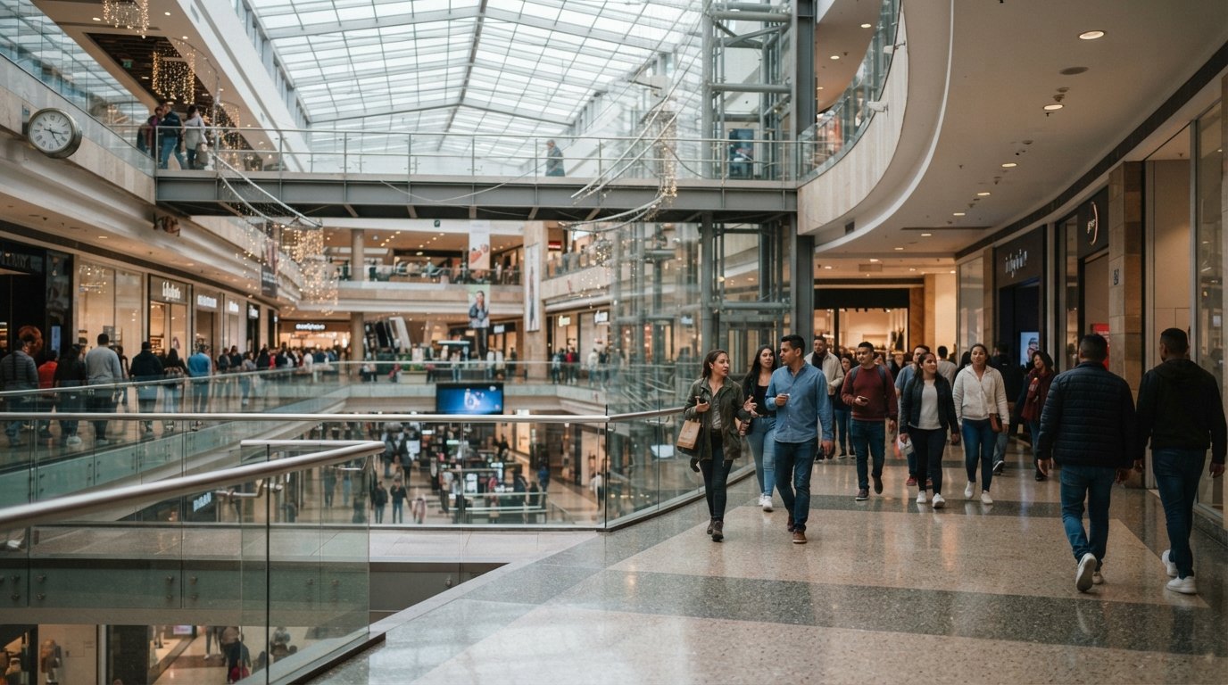 the glass atrium and polished interior of Centro Comercial Andino, shoppers and reflections in a bright daytime scene